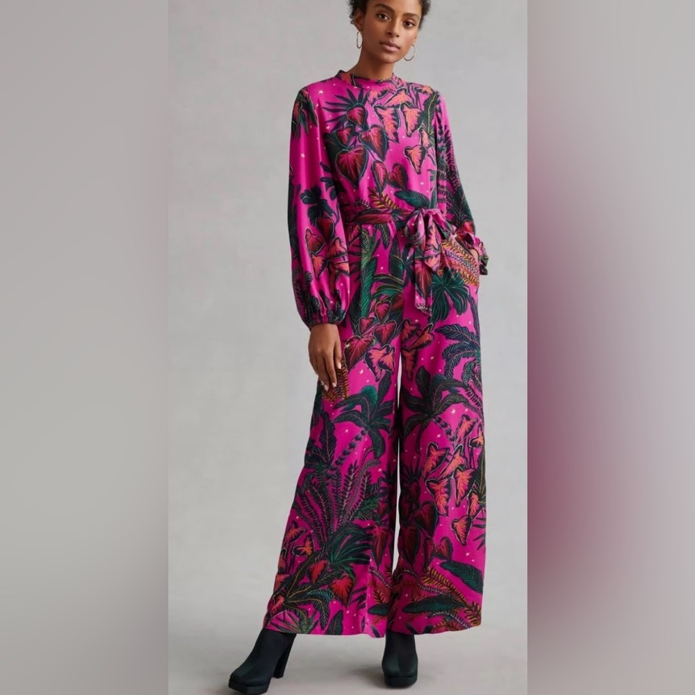 Pink Botanical Print Wide-Leg Jumpsuit